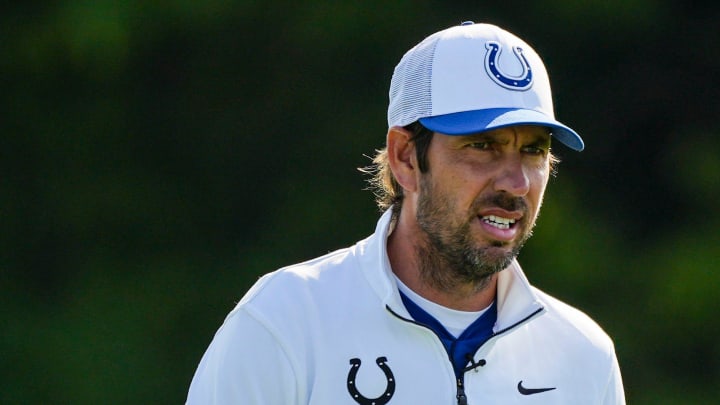 Indianapolis Colts head coach Shane Steichen watches his team warm up Saturday, July 27, 2024, during the Indianapolis Colts’ training camp at Grand Park Sports Complex in Westfield.