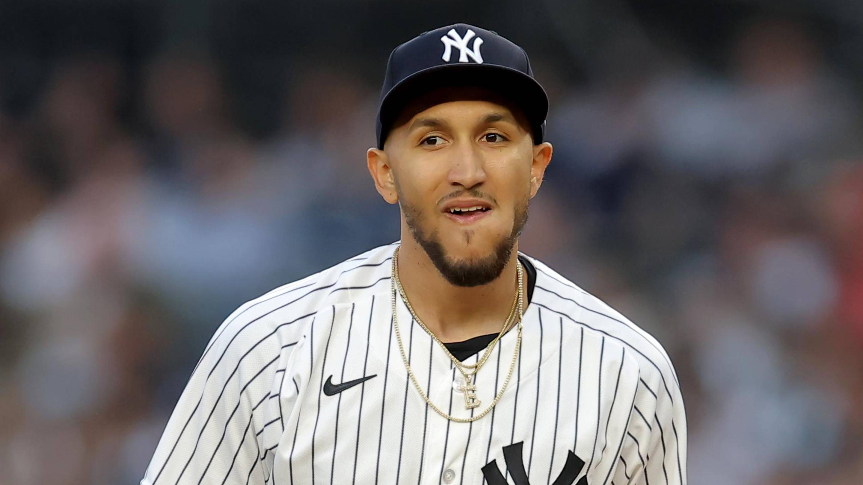 New York Yankees starting pitcher Elmer Rodriguez (71) reacts during the first inning against the Texas Rangers at Yankee Stadium.