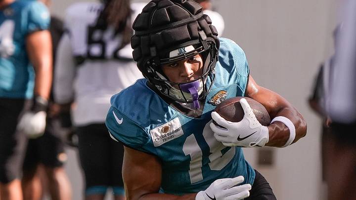 Jacksonville Jaguars Wide Receiver CJ Williams (18) turns up field after catching a pass during the Jacksonville Jaguars eighth day of NFL Training Camp at the Miller Electric Center in Jacksonville, Fla., Friday, August 7, 2026.    [Doug Engle/Florida Times-Union]
