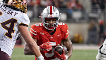 Nov 18, 2023; Columbus, Ohio, USA; 
Ohio State Buckeyes running back Dallan Hayden (5) attempts to