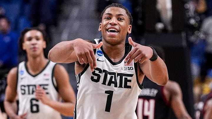 Michigan State guard Jeremy Fears Jr. (1) celebrates 77-69 win over Louisville at the NCAA Tournament Second Round at KeyBank Center in Buffalo on Saturday, March 21, 2026.
