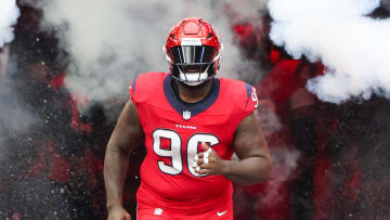 Nov 26, 2023; Houston, Texas, USA; Houston Texans defensive end Ali Gaye (90) is introduced before playing against the Jacksonville Jaguars at NRG Stadium. Mandatory Credit: Thomas Shea-USA TODAY Sports