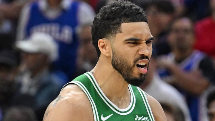 Apr 24, 2026; Philadelphia, Pennsylvania, USA; Boston Celtics forward Jayson Tatum (0) celebrates his three point basket against the Philadelphia 76ers late in the fourth quarter at Xfinity Mobile Arena. Mandatory Credit: Eric Hartline-Imagn Images