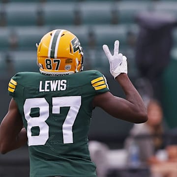 Jun 11, 2023; Edmonton, Alberta, CAN; Edmonton Elks wide receiver Eugene Lewis (87) celebrates a touchdown against the Saskatchewan Roughriders during the first half at Commonwealth Stadium. Mandatory Credit: Perry Nelson-Imagn Images