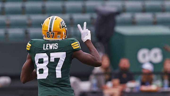 Jun 11, 2023; Edmonton, Alberta, CAN; Edmonton Elks wide receiver Eugene Lewis (87) celebrates a touchdown against the Saskatchewan Roughriders during the first half at Commonwealth Stadium. Mandatory Credit: Perry Nelson-Imagn Images