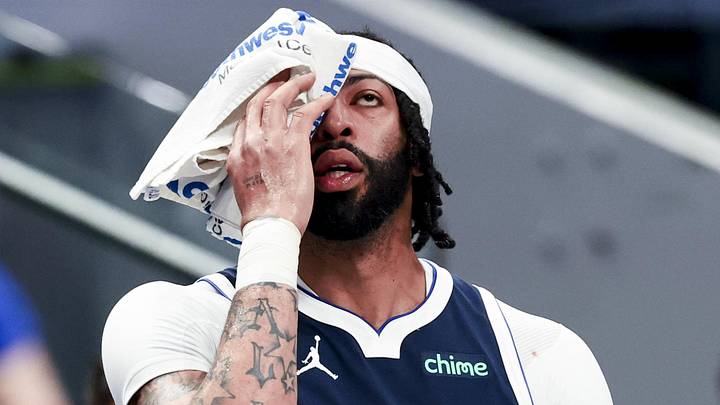 Apr 2, 2025; Dallas, Texas, USA;  Dallas Mavericks forward Anthony Davis (3) reacts after being hit in the eye during the first half against the Atlanta Hawks at American Airlines Center. Mandatory Credit: Kevin Jairaj-Imagn Images