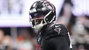 Atlanta Falcons defensive tackle David Onyemata (90) reacts after a play against the Tampa Bay Buccaneers during the second quarter at Mercedes-Benz Stadium.