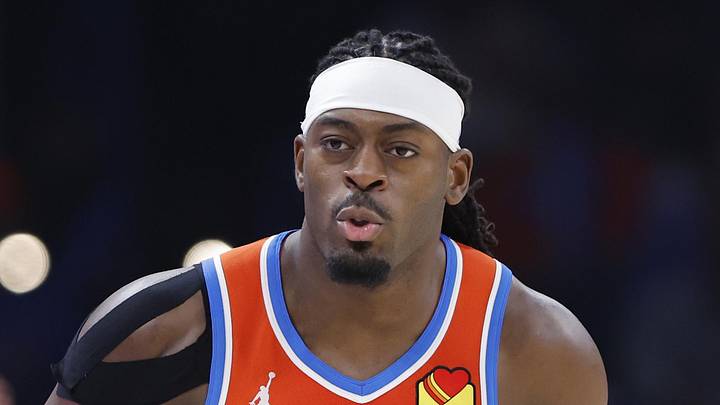 Jan 25, 2026; Oklahoma City, Oklahoma, USA; Oklahoma City Thunder guard Luguentz Dort (5) reacts after a play against the Toronto Raptors during the second half at Paycom Center. Mandatory Credit: Alonzo Adams-Imagn Images