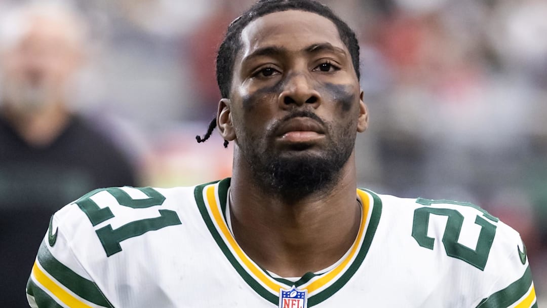 Oct 19, 2025; Glendale, Arizona, USA; Green Bay Packers cornerback Nate Hobbs (21) against the Arizona Cardinals at State Farm Stadium. Mandatory Credit: Mark J. Rebilas-Imagn Images