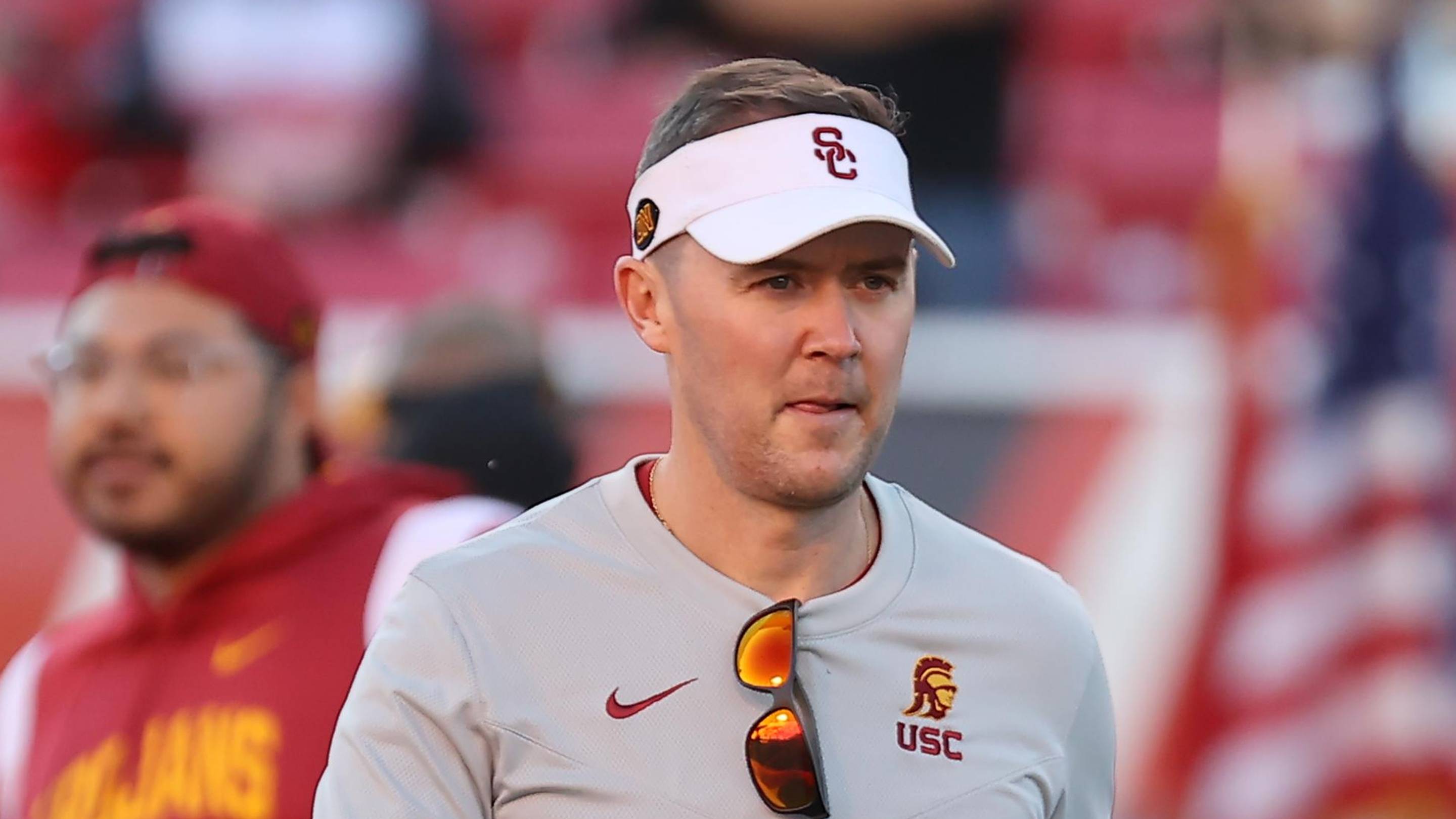 Oct 15, 2022; Salt Lake City, Utah, USA; USC Trojans head coach Lincoln Riley watches warm ups prior to a game against the Utah Utes at Rice-Eccles Stadium.