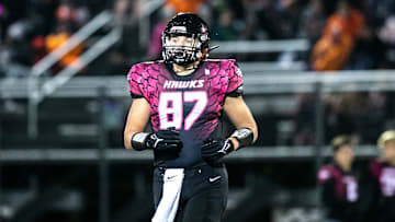 Cedar Rapids Prairie tight end Gabe Burkle (87) lines up during a Class 5A varsity football game against Iowa City West, Friday, Oct. 15, 2021, at John Wall Field in Cedar Rapids, Iowa