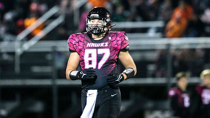 Cedar Rapids Prairie tight end Gabe Burkle (87) lines up during a Class 5A varsity football game against Iowa City West, Friday, Oct. 15, 2021, at John Wall Field in Cedar Rapids, Iowa Cedar Rapids Prairie tight end Gabe Burkle (87) lines up during a Class 5A varsity football game against Iowa City West, Friday, Oct. 15, 2021, at John Wall Field in Cedar Rapids, Iowa