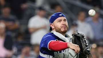 Oct 7, 2025; Bronx, New York, USA; Toronto Blue Jays catcher Alejandro Kirk (30) during game three of the ALDS round for the 2025 MLB playoffs at Yankee Stadium. Mandatory Credit: Wendell Cruz-Imagn Images