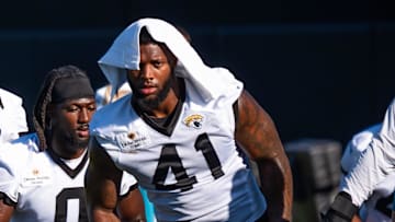 Jacksonville Jaguars defensive end Josh Hines-Allen (41) warms up during an NFL training camp second session at the Miller Electric Center, Thursday, July 24, 2025, in Jacksonville, Fla. [Doug Engle/Florida Times-Union]