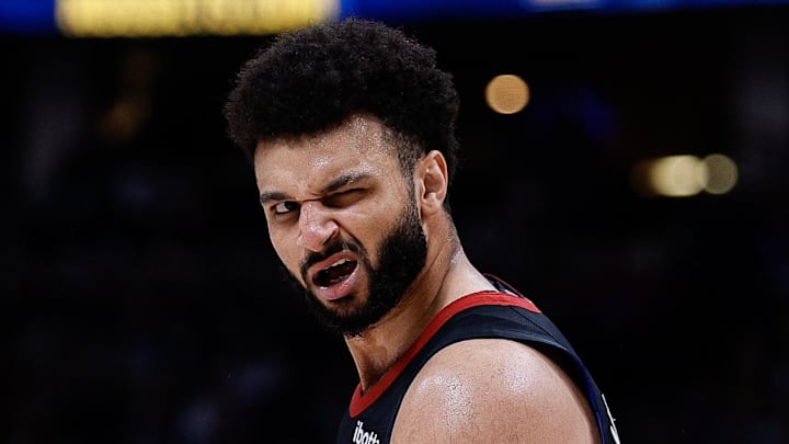 May 14, 2024; Denver, Colorado, USA; Denver Nuggets guard Jamal Murray (27) reacts after a play in the third quarter against the Minnesota Timberwolves during Game 5 of the second round for the 2024 NBA playoffs at Ball Arena.