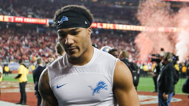 Lions safety Brian Branch walks off the field after the 34-31 loss to the 49ers in the NFC championship game in Santa Clara, California, on Sunday, Jan. 28, 2024.