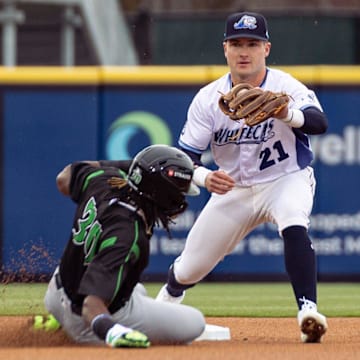 Whitecaps shortstop Kevin McGonigle catches the ball to force the out on Friday, April, 4, at LMCU Ballpark.