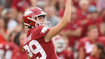 Sep 11, 2021; Fayetteville, Arkansas, USA; Arkansas Razorbacks kicker Cam Little (29) watches a successful field goal in the first quarter against the Texas Longhorns at Donald W. Reynolds Razorback Stadium. Mandatory Credit: Nelson Chenault-Imagn Images