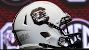 Jul 19, 2022; Atlanta, GA, USA; The South Carolina helmet on the stage during SEC Media Days at the College Football Hall of Fame. Mandatory Credit: Dale Zanine-Imagn Images
