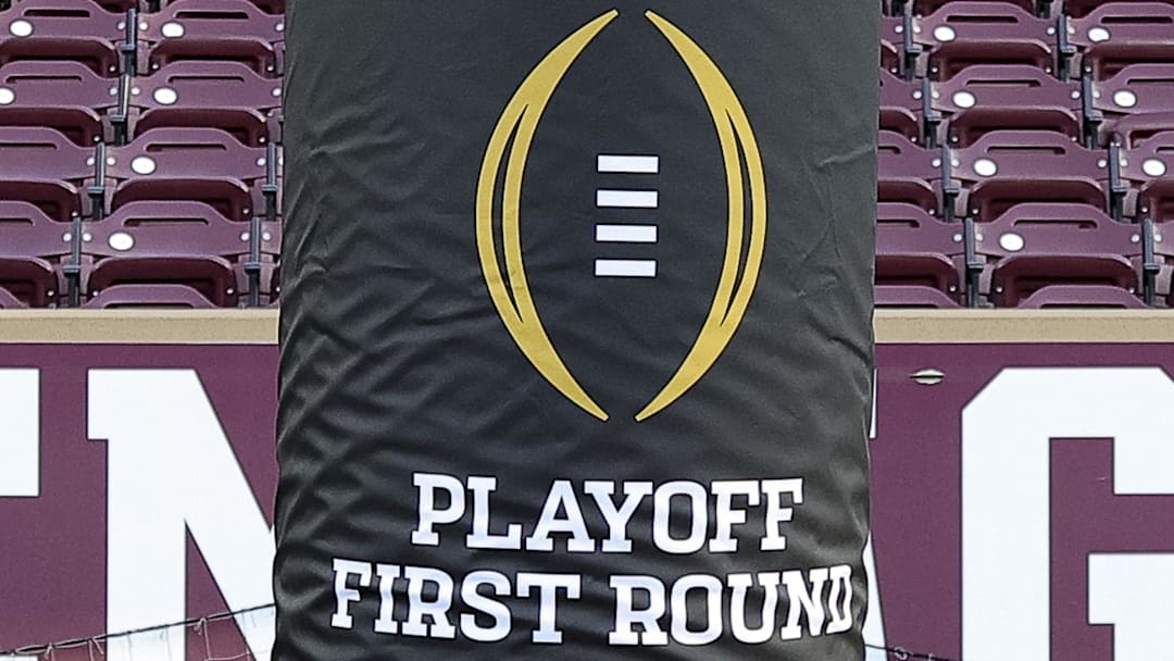 Dec 20, 2025; College Station, TX, USA; A detail view of College Football Playoffs logo on a goal post at Kyle Field prior to the game between the Miami Hurricanes and the Texas A&M Aggies. Mandatory Credit: Maria Lysaker-Imagn Images