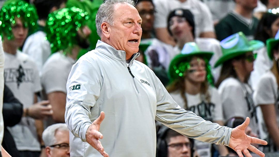 Michigan State's head coach Tom Izzo reacts during the second half in the game against Ohio State on Sunday, Feb. 22, 2026, at the Breslin Center in East Lansing.