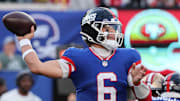 Nov 2, 2025; East Rutherford, New Jersey, USA; New York Giants quarterback Jaxson Dart (6) stands in the pocket against the San Francisco 49ers during the second half at MetLife Stadium.  