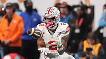 Ohio State Buckeyes wide receiver Emeka Egbuka catches a pass against the Notre Dame Fighting Irish.