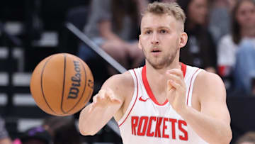 Houston Rockets center Jock Landale (2) passes the ball against the Utah Jazz during the first half at Delta Center.