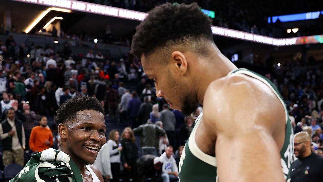 Feb 23, 2024; Minneapolis, Minnesota, USA; Minnesota Timberwolves guard Anthony Edwards (5) and Milwaukee Bucks forward Giannis Antetokounmpo (34) shake hands after the game at Target Center. Mandatory Credit: Matt Krohn-USA TODAY Sports Feb 23, 2024; Minneapolis, Minnesota, USA; Minnesota Timberwolves guard Anthony Edwards (5) and Milwaukee Bucks forward Giannis Antetokounmpo (34) shake hands after the game at Target Center. Mandatory Credit: Matt Krohn-USA TODAY Sports