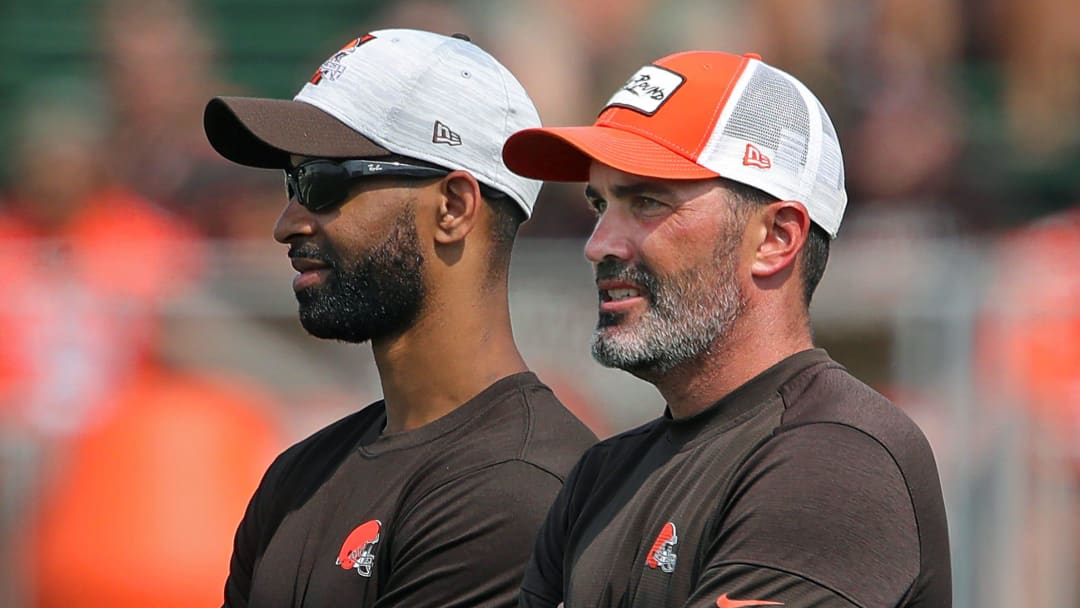 Cleveland Browns GM Andrew Berry, left, and head coach Kevin Stefanski watch the team practice during NFL football training camp, Saturday, July 31, 2021, in Berea, Ohio.

Brownscamp31 5