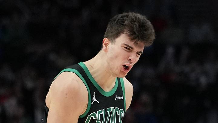 Dec 28, 2025; Portland, Oregon, USA; Boston Celtics guard Hugo Gonzalez (28) celebrates after making a three-point basket during the second half against the Portland Trail Blazers at Moda Center. Mandatory Credit: Soobum Im-Imagn Images