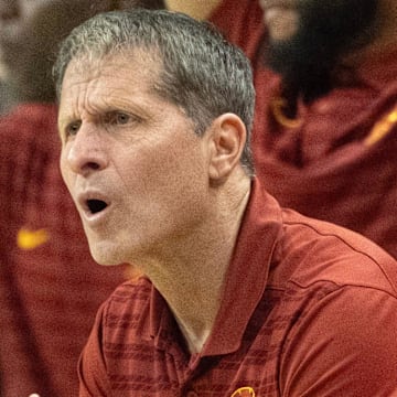 USC coach Eric Musselman cheers his team during the first half against Oregon at Matthew Knight Arena Saturday, March 1, 2025.