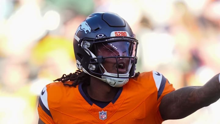 Dec 14, 2025; Denver, Colorado, USA; Denver Broncos wide receiver Lil'Jordan Humphrey (17) reacts during the second quarter against the Green Bay Packers at Empower Field at Mile High. Mandatory Credit: Ron Chenoy-Imagn Images