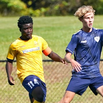 Noah Moodey (in blue) of Northwood School (N.Y.) was one of 41 players selected for the High School Soccer All-America Game for fall-season soccer players.