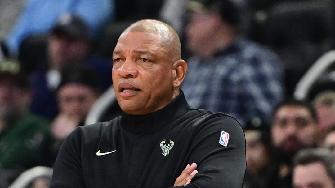 Feb 24, 2026; Milwaukee, Wisconsin, USA; Milwaukee Bucks head coach Doc Rivers looks on in the third quarter against the Miami Heat at Fiserv Forum. Mandatory Credit: Benny Sieu-Imagn Images