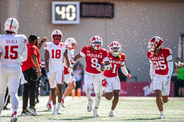 Indiana's Jamier Johnson celebrates his interception during the Indiana versus Nebraska football game in 2024.