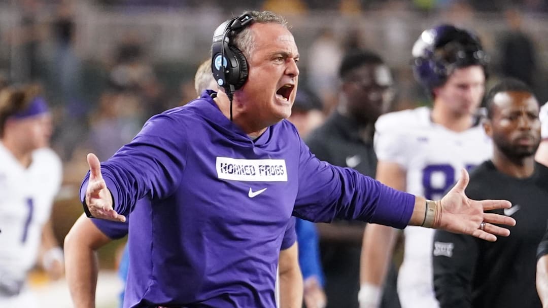 Nov 2, 2024; Waco, Texas, USA;  TCU Horned Frogs head coach Sonny Dykes reacts to a call against the Baylor Bears during the first half at McLane Stadium. Mandatory Credit: Chris Jones-Imagn Images