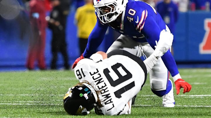 Sep 23, 2024; Orchard Park, New York, USA; Buffalo Bills linebacker Von Miller (40) sacks Jacksonville Jaguars quarterback Trevor Lawrence (16) in the fourth quarter at Highmark Stadium. 