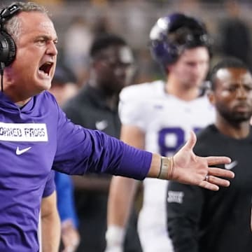 Nov 2, 2024; Waco, Texas, USA;  TCU Horned Frogs head coach Sonny Dykes reacts to a call against the Baylor Bears during the first half at McLane Stadium. Mandatory Credit: Chris Jones-Imagn Images