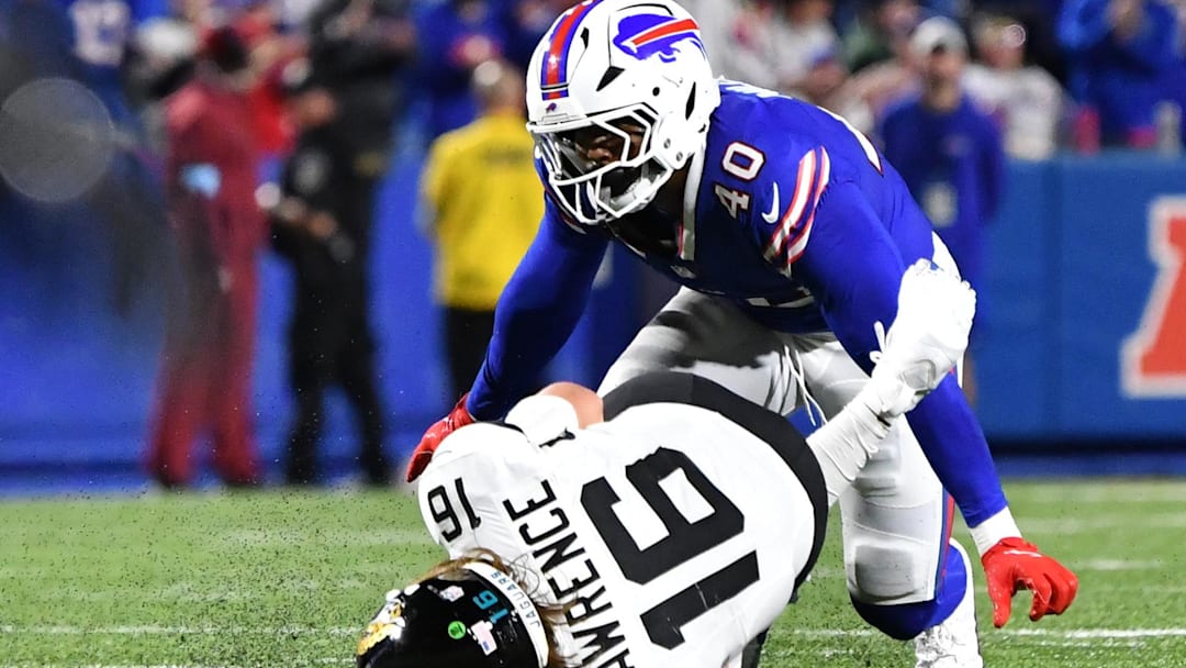 Buffalo Bills linebacker Von Miller (40) sacks Jacksonville Jaguars quarterback Trevor Lawrence (16) in the fourth quarter at Highmark Stadium.