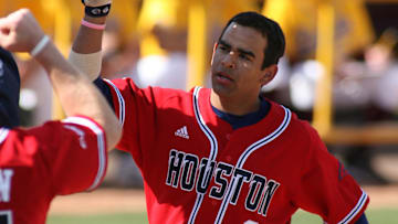 Feb 19, 2006; Tempe, AZ, USA; Houston Cougars infielder (8) Dustin Kingsbury celebrates after hitting a solo home run against the Arizona State Sun Devils during the 3rd inning at Packard Stadium. Mandatory Credit: Rick Scuteri-Imagn Images Copyright Rick Scuteri