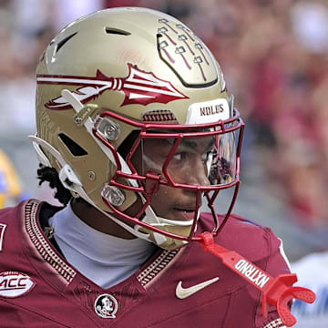 Oct 11, 2025; Tallahassee, Florida, USA; Florida State Seminoles wide receiver Micahi Danzy (19) after scoring a touchdown against the Pittsburgh Panthers in the fourth quarter at Doak S. Campbell Stadium. Mandatory Credit: Melina Myers-Imagn Images