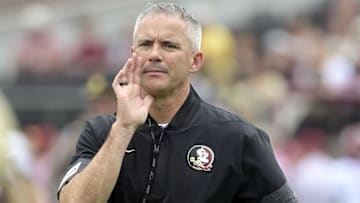 Aug 30, 2025; Tallahassee, Florida, USA; Florida State Seminoles head coach Mike Norvell during warmups before the game between the Florida State Seminoles and the Alabama Crimson Tide at Doak S. Campbell Stadium. Mandatory Credit: Melina Myers-Imagn Images