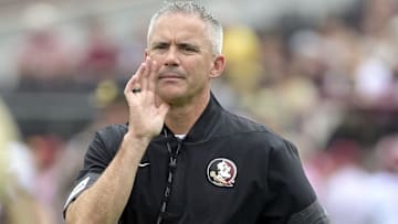 Aug 30, 2025; Tallahassee, Florida, USA; Florida State Seminoles head coach Mike Norvell during warmups before the game between the Florida State Seminoles and the Alabama Crimson Tide at Doak S. Campbell Stadium. Mandatory Credit: Melina Myers-Imagn Images