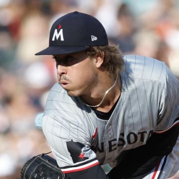 Jul 27, 2024; Detroit, Michigan, USA; Minnesota Twins pitcher Joe Ryan (41) throws during the third inning against the Detroit Tigers at Comerica Park. Mandatory Credit: Brian Bradshaw Sevald-USA TODAY Sports