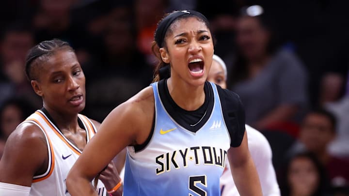 Aug 28, 2025; Phoenix, Arizona, USA; Chicago Sky forward Angel Reese (5) celebrates a shot against the Phoenix Mercury in the second half at Phx Arena. Mandatory Credit: Mark J. Rebilas-Imagn Images