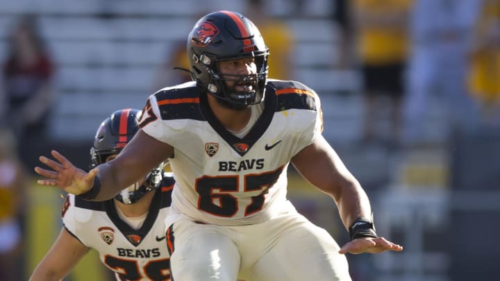 Nov 19, 2022; Tempe, Arizona, USA; Oregon State Beavers offensive lineman Joshua Gray (67) against the Arizona State Sun Devils at Sun Devil Stadium. Mandatory Credit: Mark J. Rebilas-USA TODAY Sports