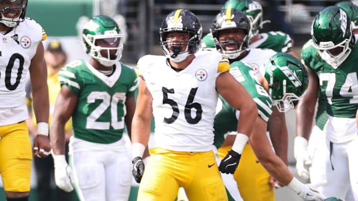 Sep 7, 2025; East Rutherford, New Jersey, USA; Pittsburgh Steelers linebacker Alex Highsmith (56) reacts to a defensive play during the second half against the New York Jets at MetLife Stadium. Mandatory Credit: Wendell Cruz-Imagn Images Sep 7, 2025; East Rutherford, New Jersey, USA; Pittsburgh Steelers linebacker Alex Highsmith (56) reacts to a defensive play during the second half against the New York Jets at MetLife Stadium. Mandatory Credit: Wendell Cruz-Imagn Images