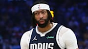 Apr 18, 2025; Memphis, Tennessee, USA; Dallas Mavericks forward Anthony Davis (3) reacts during the second quarter against the Memphis Grizzlies at FedExForum. Mandatory Credit: Petre Thomas-Imagn Images