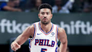 Mar 16, 2025; Dallas, Texas, USA;  Philadelphia 76ers guard Quentin Grimes (5) reacts after scoring against the Dallas Mavericks during the first half at American Airlines Center. Mandatory Credit: Kevin Jairaj-Imagn Images